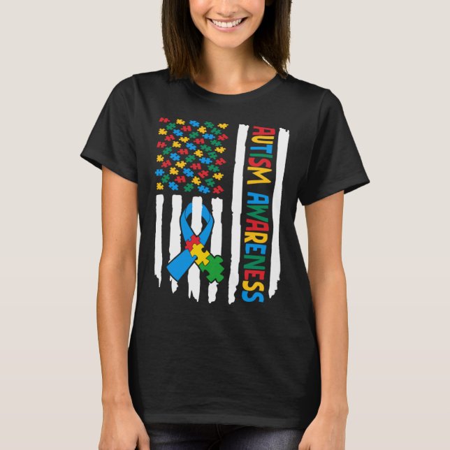 Camiseta Autism Awareness Month American Flag Puzzle Piece  (Anverso)