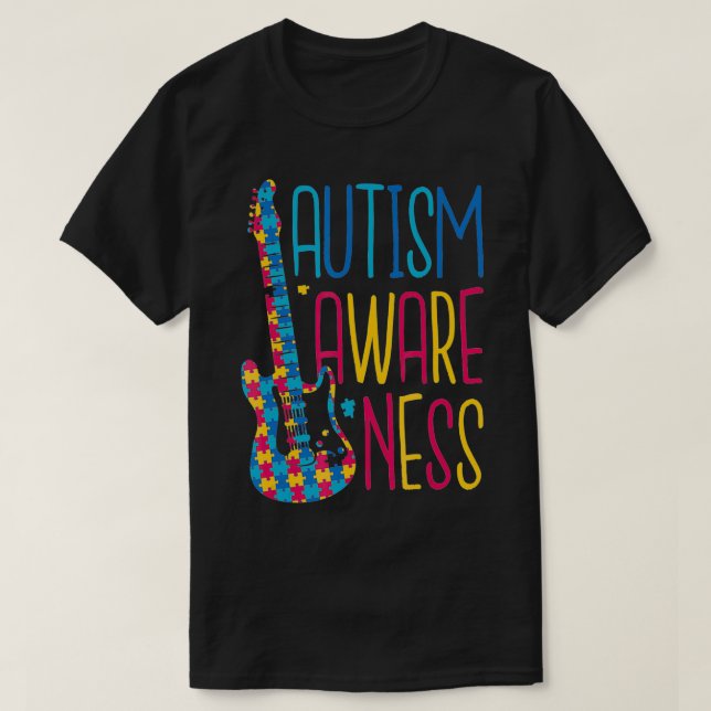Camiseta Autism Awareness Puzzle Guitar Support Orgulloso F (Diseño del anverso)