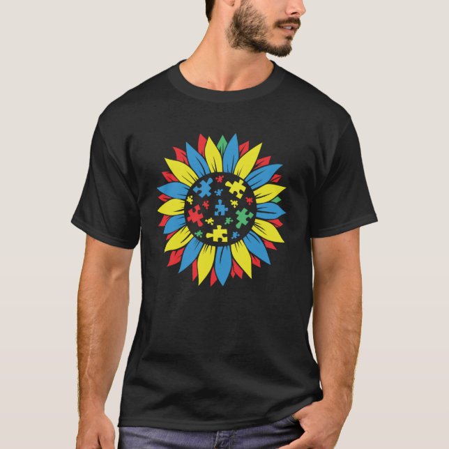 Camiseta Autism Awareness Puzzle Piece Sunflower Autism War (Anverso)