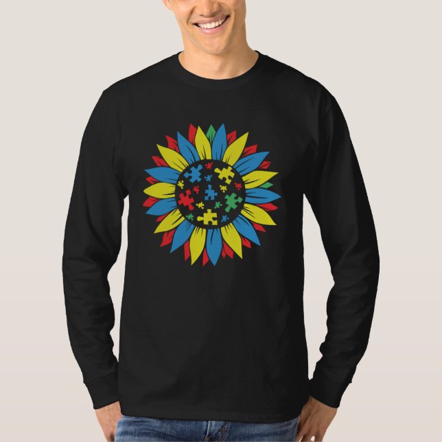 Camiseta Autism Awareness Puzzle Piece Sunflower Autism War (Anverso)