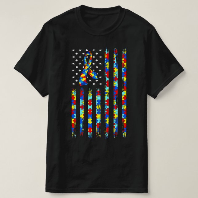 Camiseta Autism Awareness Shirt American Flag Ribbon Puzzle (Diseño del anverso)