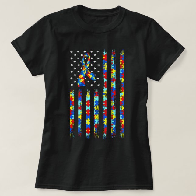Camiseta Autism Awareness Shirt American Flag Ribbon Puzzle (Diseño del anverso)