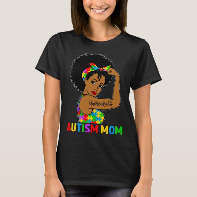 Camiseta Autism Awareness Strong Autism Mom Afro Black Moth (Anverso)