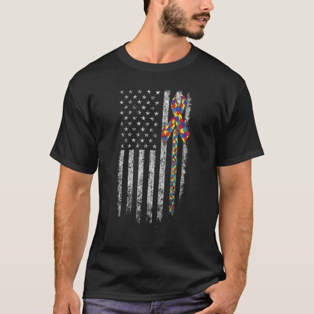 Camiseta Autism Awareness T Shirt American Flag Distressed  (Anverso)
