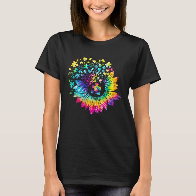 Camiseta Autism Awareness  Tie Dye Sunflower Puzzle (Anverso)