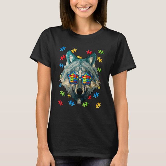 Camiseta Autism Awareness Wolf Puzzle Sungafas Autistic K (Anverso)