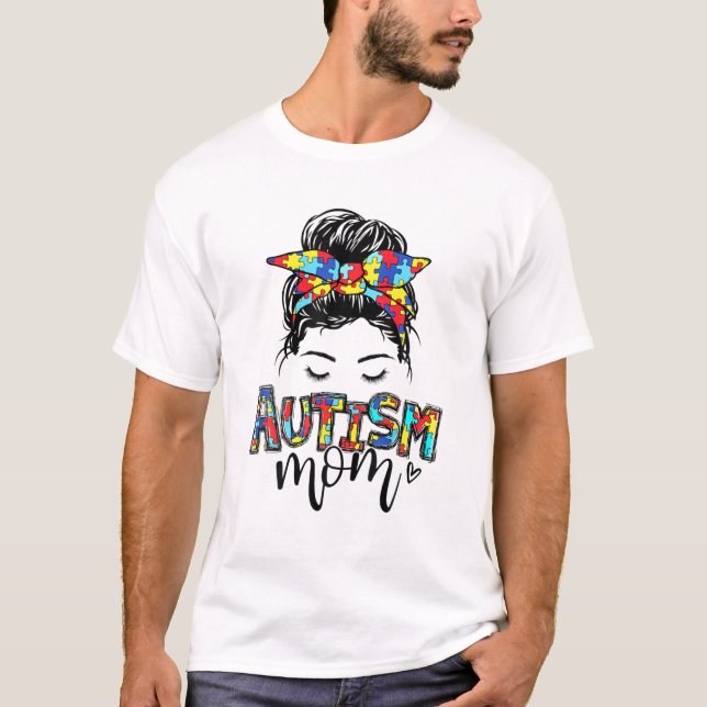 Camiseta Autism Mom Awareness Messy Hair Bun Puzzle Piece M (Anverso)