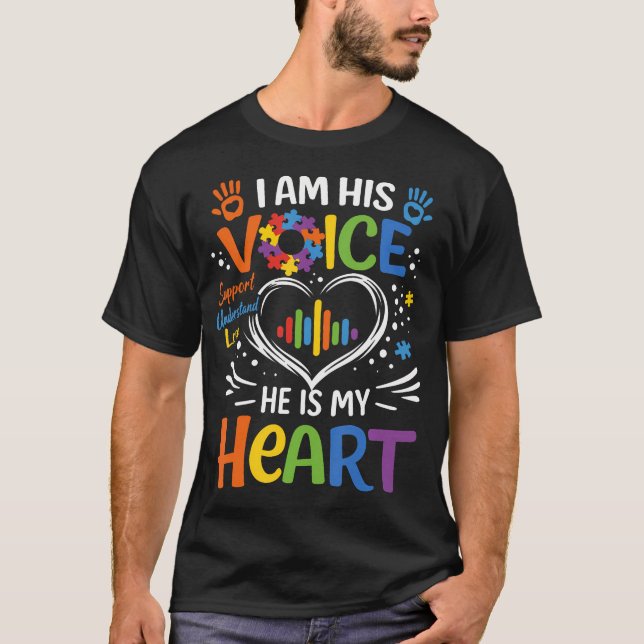Camiseta Autism Mom I Am His Voice He Is My Heart Puzzle (Anverso)