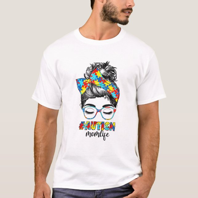Camiseta Autism Mom Life Messy Bun Gafas de sol Bandana Sup (Anverso)
