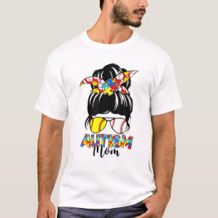 Camiseta Autism Mom Puzzle Messy Bun Softball Baseball Moth