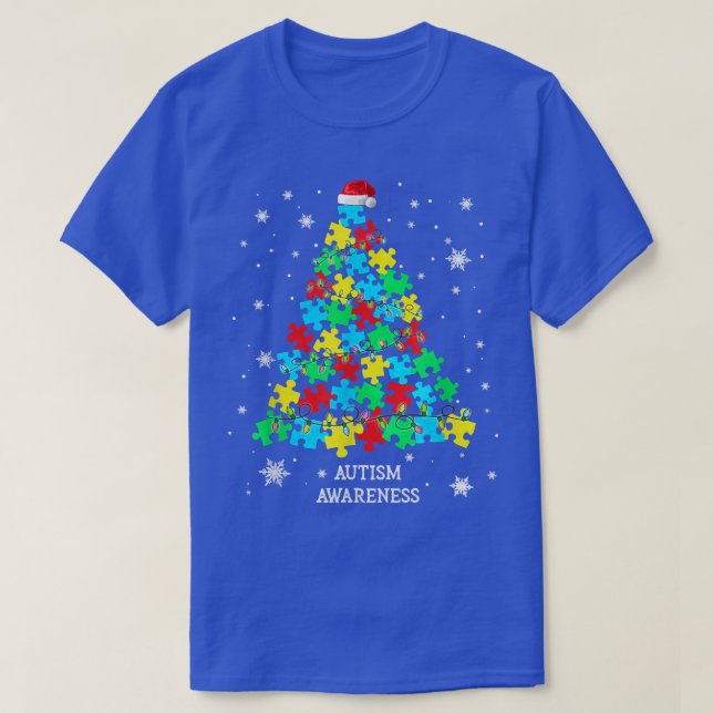 Camiseta Autism Puzzle Pieces Christmas Tree Xmas Lights Su (Diseño del anverso)