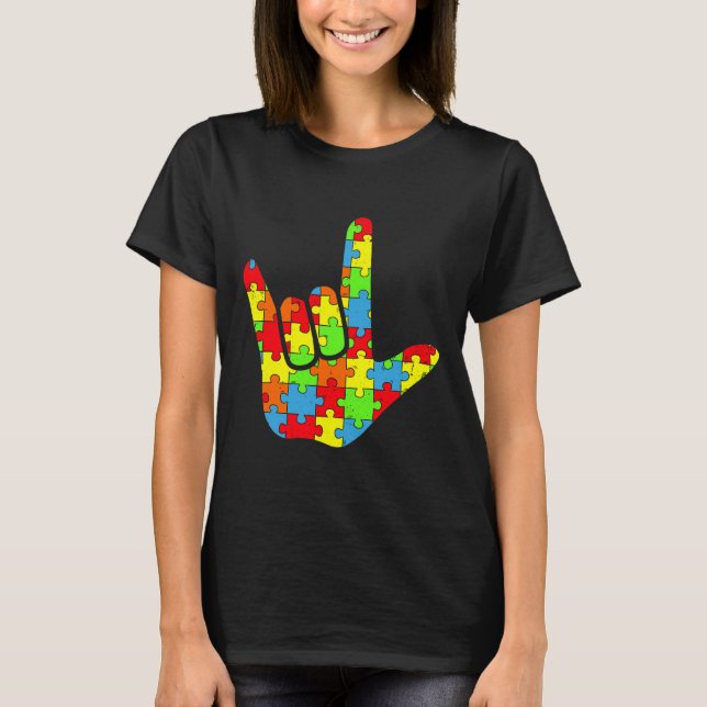 Camiseta Autismo ASL Amor Idioma Rótulo Autismo Conciencia  (Anverso)