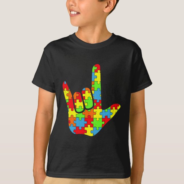 Camiseta Autismo ASL Amor Idioma Rótulo Autismo Conciencia  (Anverso)