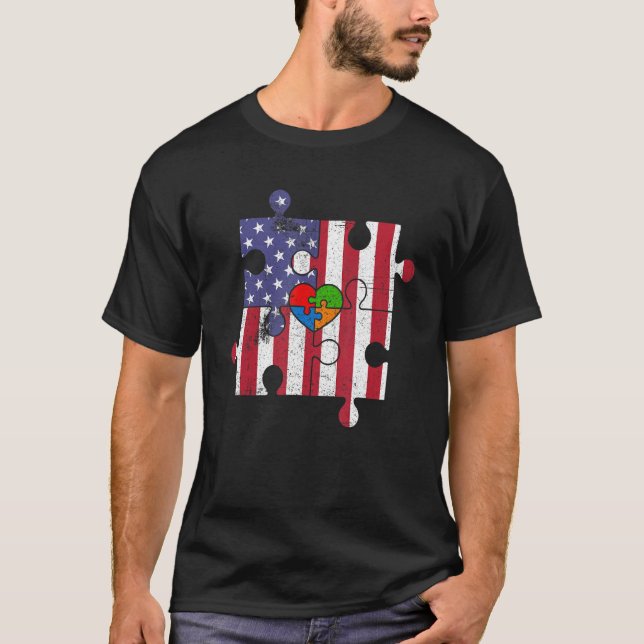 Camiseta Autismo Conciencia Bandera Americana Amor Rompecab (Anverso)