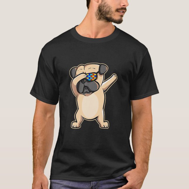Camiseta Autismo Conciencia Dabbing Pug Dog Gafas de sol Ro (Anverso)