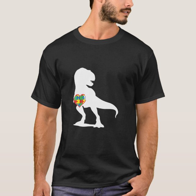 Camiseta Autismo Conciencia Dinosaurio T Rex Puzzle Heart (Anverso)