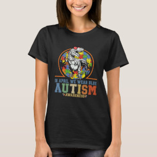 Camiseta Autismo de dinosaurio Trex En abril usamos azul Au