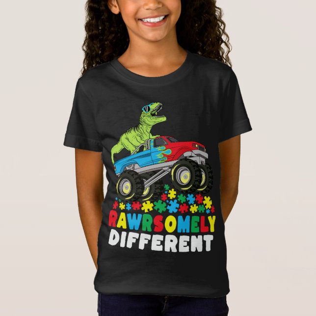 Camiseta Autismo de un camión monstrual T Rex muy diferente (Anverso)