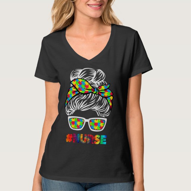 Camiseta Autismo Enfermera Messy Bun Gafas de sol Bandana M (Anverso)