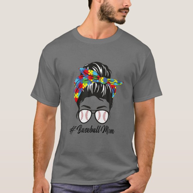 Camiseta Autismo Mamá Béisbol desordenado Bun Bandana Consc (Anverso)