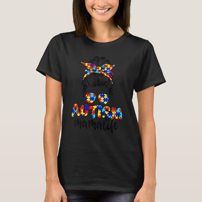 Camiseta Autismo Mama Messy Bun Gafas De Sol Bandana Autism (Anverso)