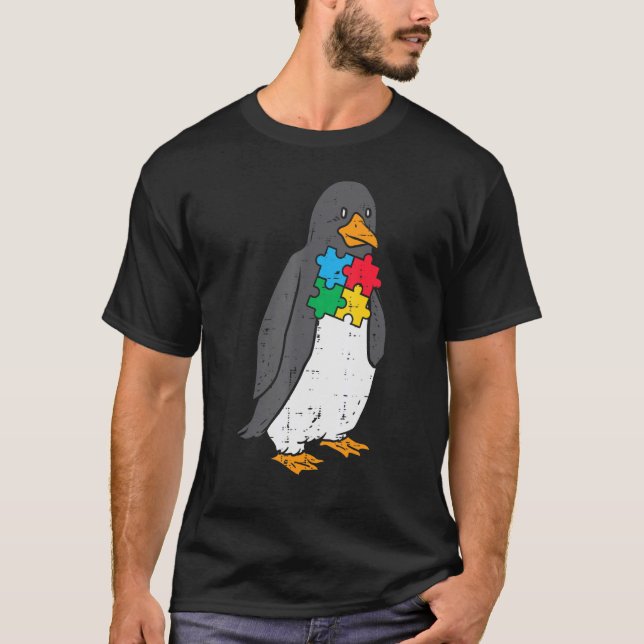 Camiseta Autismo Rompecabezas de Pingüino Cuidan Conciencia (Anverso)