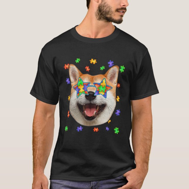 Camiseta Autismo suave Shiba Inu Puzzle Gafas de sol Mascot (Anverso)