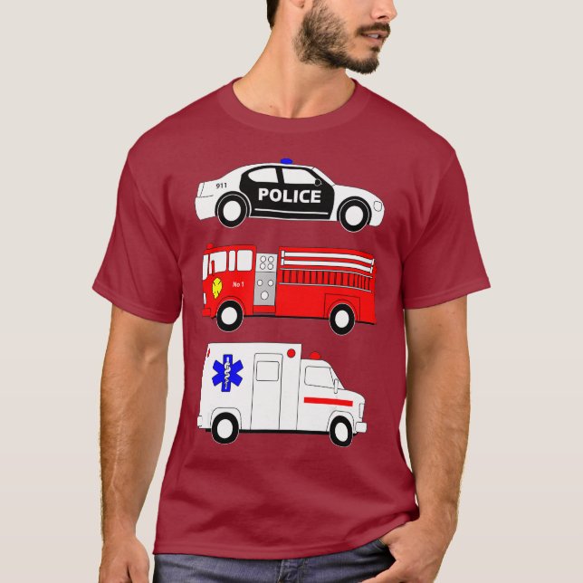 Camiseta Auto de la policía de bomberos camiones ambulancia (Anverso)