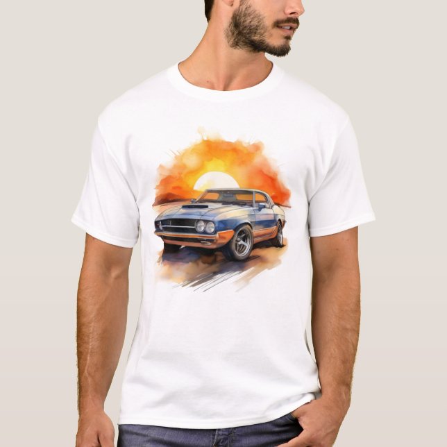 Camiseta Auto del músculo azul retro - atardecer clásico (Anverso)