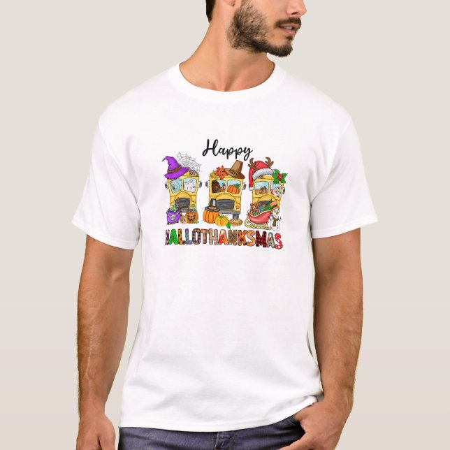 Camiseta Autobús escolar Hallothanksmas Halloween Día de Ac (Anverso)