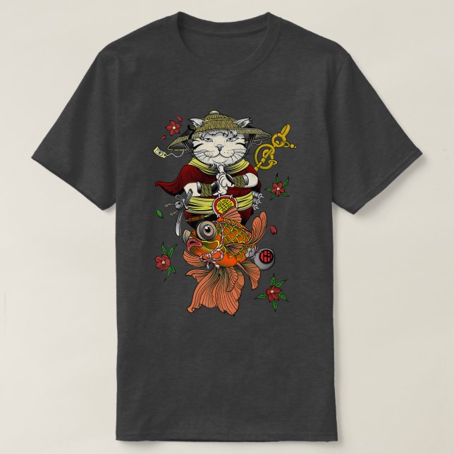 Camiseta Automóvil japonés samurai Katana Ninja Cat y Koi F (Diseño del anverso)