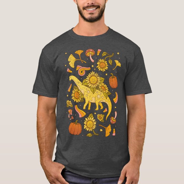 Camiseta Autumn Camarasaurus Fall Dinosaur Sunflower Art Fu (Anverso)