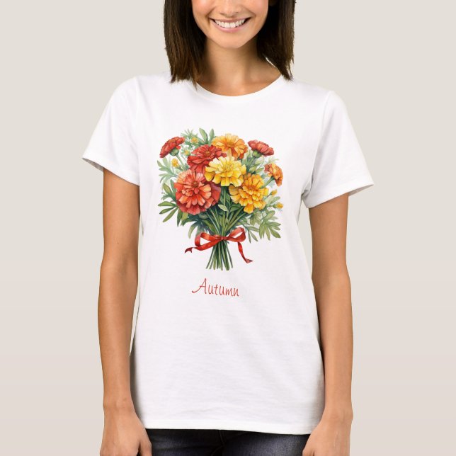 Camiseta Autumn Marigold Bouquet Red Ribbon T-Shirt (Anverso)