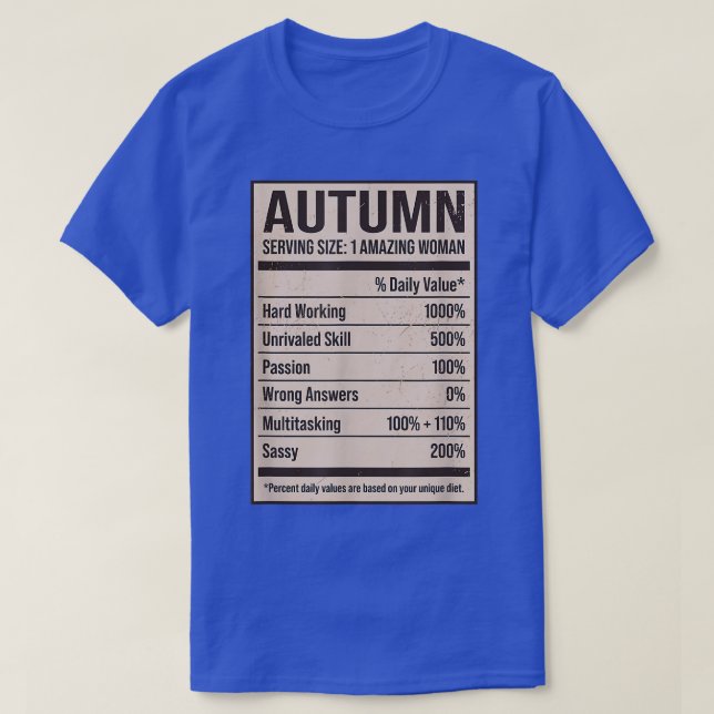 Camiseta Autumn Nutrition Facts Name Nickname Alias Title F (Diseño del anverso)