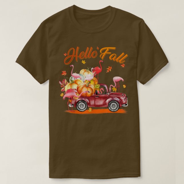 Camiseta Autumn Pink Flamingo Hello Fall Pumpkin Truck Than (Diseño del anverso)
