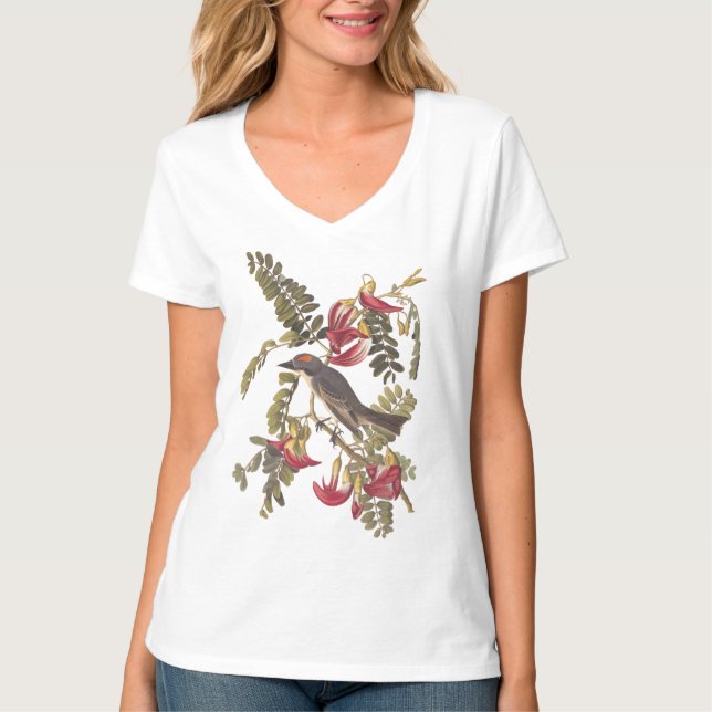 Camiseta Ave Audubon del Kingbird gris en árbol florido (Anverso)