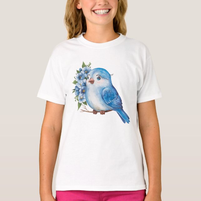 Camiseta Ave azul con flores (Anverso)