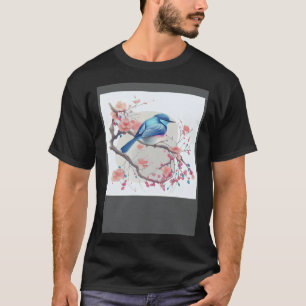 Camiseta Ave azul oriental en flor de cerezo rosa japonés