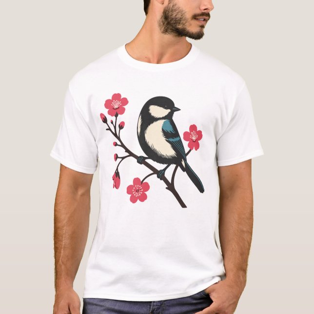 Camiseta Ave con flores de cerezo - Arte de serenidad de pr (Anverso)