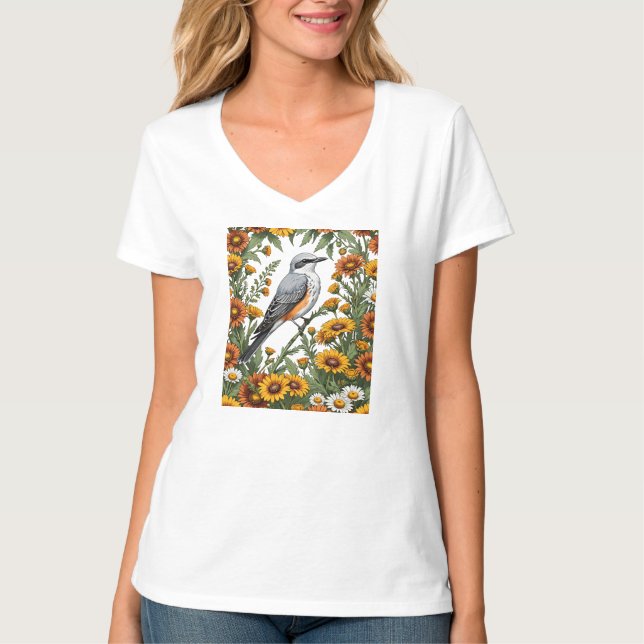 Camiseta Ave Oklahoman Flycatcher Rodeada De Gaillardia (Anverso)