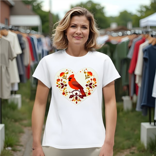 Camiseta Ave Rojo (Cardenal) Amante - Boho Folk Art (Boho Folk Art Cardinal in a Heart T-Shirt| Red Bird Lover's)