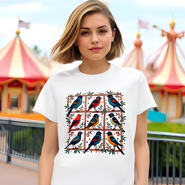 Camiseta Aves Arte Folclórico - Ave 3x3 Amante de la tierra (Folk Art 3x3 Bird Lover's T-Shirt )