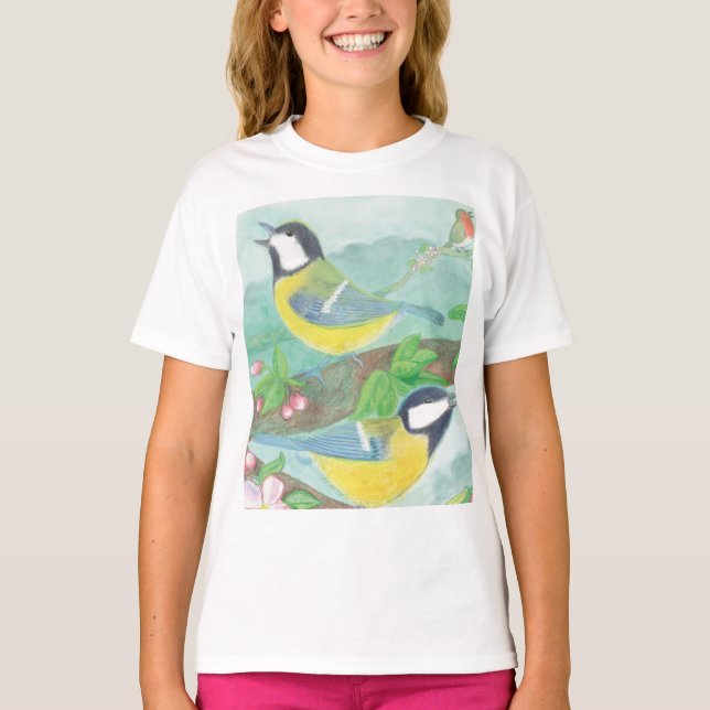 Camiseta Aves cantando en una florida rama de un árbol (Anverso)