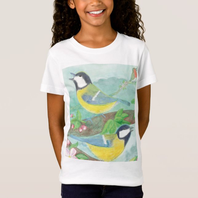 Camiseta Aves cantando en una rama de árbol floreciente (Anverso)