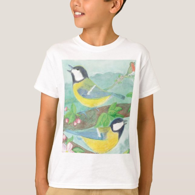 Camiseta Aves cantando en una rama de árbol floreciente (Anverso)