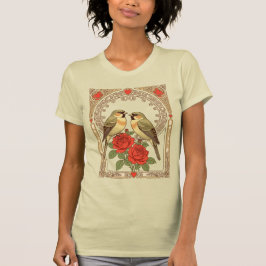 Camiseta Aves Cariñosas y Rosas Rojas Art Nouveau