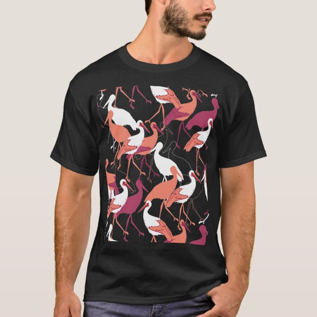 Camiseta Aves cigüeñas rojas y blancas con fondo negro (Anverso)