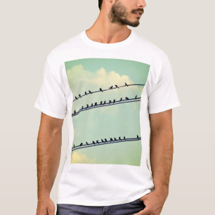 Camiseta Aves con cables, cielo azul vintage.