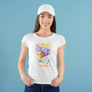 Camiseta Aves cortas Flores de color morado y Naranja