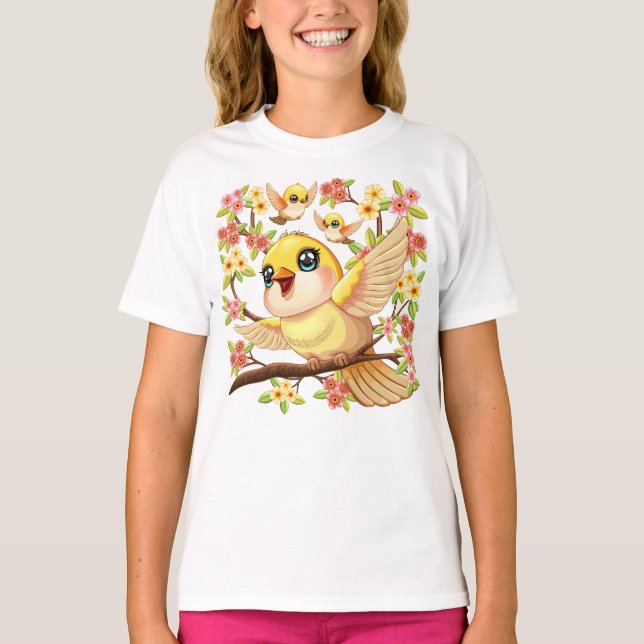 Camiseta Aves cortas y felices entre las flores de primaver (Anverso)